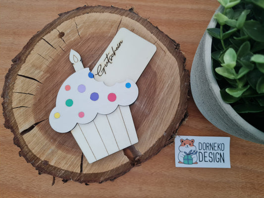 Geburtstags Cupcake Geschenkeverpackung aus Holz für Geldgeschenk / Gutschein